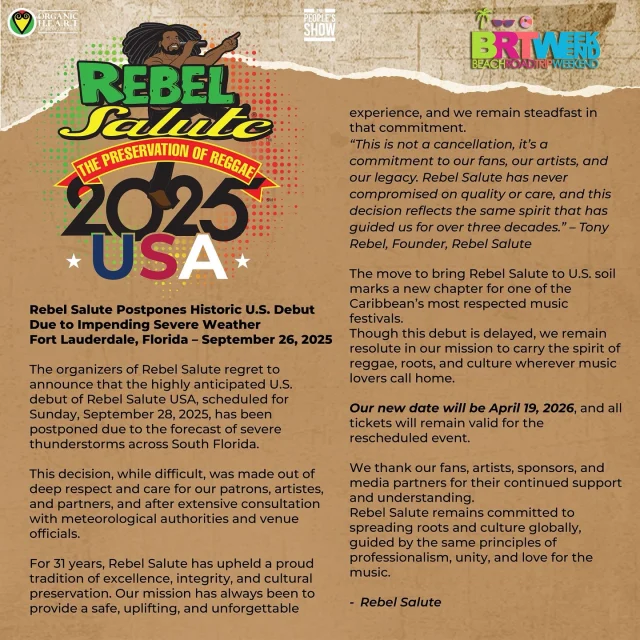 Rebel Salute USA Postponed - Safety Comes First

Out of deep care for our fans, artists, and partners, we’ve made the heartfelt decision to postpone the first-ever Rebel Salute USA due to the forecast of severe thunderstorms this weekend.

For 31 years, we’ve stood firm rooted in excellence, integrity, and love for the culture. 

While our debut in the U.S. will be delayed, we remain resolute in our mission to carry the spirit of reggae, roots and culture wherever music lovers call home. 🌍💚💛❤️

This decision was made with your safety and comfort in mind.

Our new date will be April 19, 2026 and all tickets will remain valid for the rescheduled event.

Thank you for standing with us through every season. Your support keeps this movement alive.