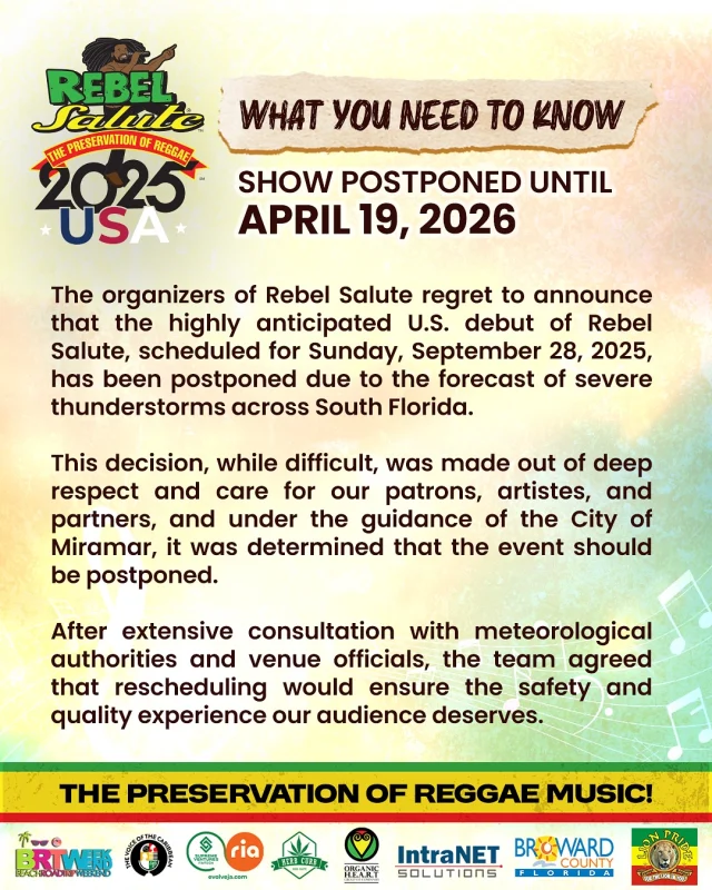 This decision, while difficult, was made out of deep respect and care for our patrons, artistes, and partners, and under the guidance of the City of Miramar, it was determined that the event should be postponed

@worldmusicviews 
@kaboommag 
@reggaeville