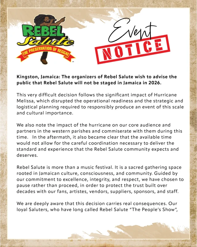 OFFICIAL STATEMENT | Rebel Salute 2026
Rebel Salute announces that the festival will not be staged in Jamaica in 2026, following the impact of Hurricane Melissa. As part of its continued commitment to the global Rebel Salute family, Rebel Salute USA will be held in Florida on April 18, 2026.
