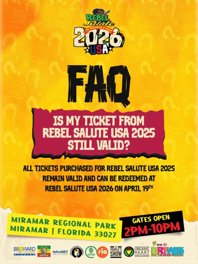🚨 ATTENTION 🚨

All tickets purchased for Rebel Salute USA 2025 remain valid and can be redeemed for Rebel Salute USA 2026 on April 19th!

Tickets purchased online, a new ticket would’ve already been sent, and for physical ticket holders, please email us at : rebelsaluteusa@gmail.com 
With proof of purchase and we will email you a new ticket! 

📍 Miramar Regional Park
Miramar, Florida 33027
🕑 Gates Open: 2PM – 10PM

No stress. No worries. Just pure reggae vibes 🔥

See you at Rebel Salute 2026 🇯🇲✨