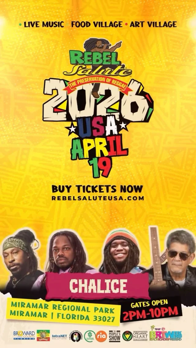 Chalice joins Rebel Salute USA 2026. 🇯🇲🔥

Legendary band. Live instruments. Authentic reggae vibes. Experience it April 19, 2026 at Miramar Regional Park.

🎟️ Get your tickets now at RebelSaluteUSA.com

Presented by @brtweekend | @cityofmiramar | @intranetsolutionsja | @supremeventures | @riamoneytransfer | @lionprideja

#RebelSaluteUSA #RebelSalute2026 #ChaliceBand #reggaemusic